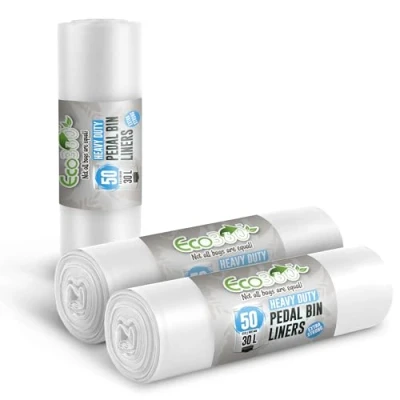 Image of EcoBag 150 Pack Heavy Duty White Bin Liners 30L 15 Microns Extra Strong, Leak Proof, Tear Resistant Bags for Pedal Bins, Kitchen, Home &amp; Office (510x600mm)