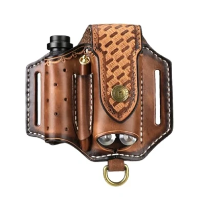 Image of TOURBON EDC Leather Sheath Multitool Pocket Knife Organizer Belt Pouch Flashlight Holster Pen Holder