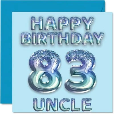 Image of 83rd Birthday Card for Uncle Blue Glitter Party Balloons Happy Cards 83 Year Old from Nephew Niece, 145mm x Bday Greeting Gift
