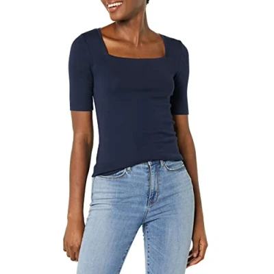 Image of Amazon Essentials Women&#039;s Slim Fit Half Sleeve Square Neck T Shirt, Navy, XS