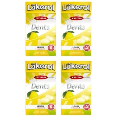 Image of 4 Boxes x 36g of Läkerol Dents Lemon + Vitamin C Original Swedish Sugar Free Xylitol Pastilles Lozenges Dragees Drops Candies Sweets