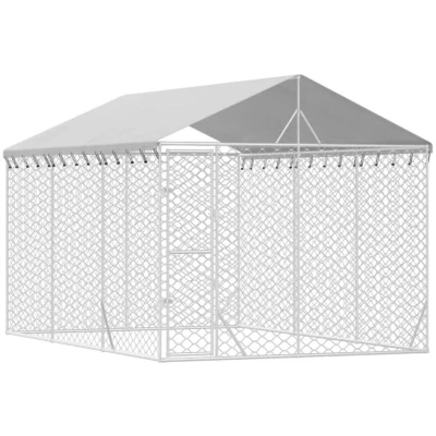 Image of &#039;vidaXL Spacious Outdoor Dog Kennel with Roof in Silver Galvanised Steel Animal Hutch for Dogs, Chickens, Rabbits, Ducks Mesh Design, Lockable Door, Weather Resistant