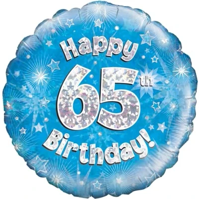 Image of Oaktree UK 18&quot; Happy 65th Birthday Blue Holographic, Aluminium
