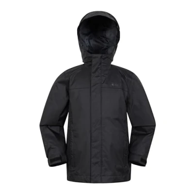 Image of Mountain Warehouse Torrent Kids Waterproof Rain Jacket Taped Seams Raincoat, Lightweight, Breathable, Girls &amp; Boys Rainwear For Autumn, Winter, Wet Weather Jet Black Size 5 6 Years