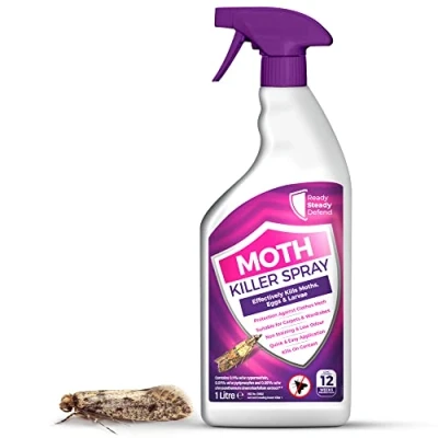 Image of Moth Killer Spray 1 Litre Effective Repellent for Carpets, Clothes, Wardrobes &amp; More Low Odour Non Staining Formula Kills Moths on Contact Protects Against Infestations Easy to Use