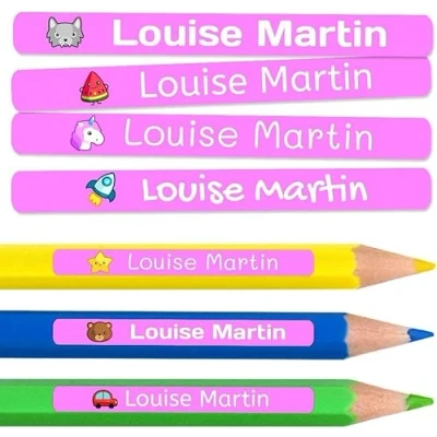 Image of 50 Pack Personalised Mini Adhesive Labels, Waterproof Name Labels for Kids, Ideal Marking Pens, Pencils, Small Objects, Microwave and Dishwasher Safe, Customisable with Icon Font, Pink, Vinyl