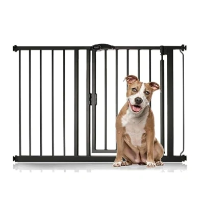 Image of Bettacare Auto Close Pet Gate, 111cm 118cm, Matt Black, Pressure Fit Stair Gate for Dog &amp; Puppy, Safety Barrier Doors Hallways and Spaces, Easy Installation
