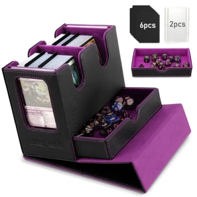 Image of TiMOVO MTG Deck Box, Commander Card Box with Display &amp; Dice Tray Fits 400+ Unsleeved Cards, Leather Magnetic Storage Case 6 Dividers for TCG CCG Magic Black+Purple