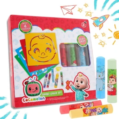 Image of Toyland® Cocomelon Jumbo Chalk &amp; Stencil Art Set Easy To Grip Holder Creative Toys Age 3+
