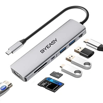 Image of BYEASY USB C Hub, 7 in 1 Splitter with 4K HDMI, SD/TF Card Reader, 100W Power Delivery, 0.71ft Cable Ultra Slim Adapter Compatible for Laptop and Other Type Devices