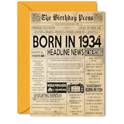 Image of 91st Birthday Card for Men Women Bday Press Newspaper 1934 Happy 91 Cards Grandma Auntie Nanny Dad Wife Husband, 5x7 Inch Greeting