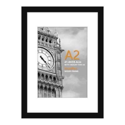 Image of HoziRes A2 Black Picture Frame, Wooden Photo Frames Frame with A3 Mount, Set of 1 for Tabletop and Wall Mounting, 42 x 59 cm Poster Printing