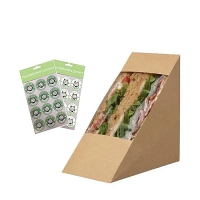 Image of Kraft Recyclable Cardboard Sandwich Wedge Cafe Takeaway Packs Deep Fill Large Wedges with Seal Stickers (20)