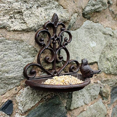 Image of Garden Mile Novelty Wall Mounted Ornament Outdoor Hanging Nut Seeds Bird Feeder or Bath Durable Cast Iron Feeding Station Wild Birds Feed Seed for Front, Backyard Decor