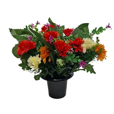 Image of INERRA Cemetery Grave Vase Pot with Red, Orange and Ivory Artificial Flowers