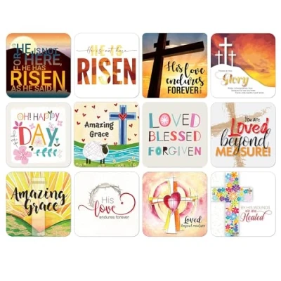 Image of Easter coasters, Pack of 12 cork each a different design, with inspirational words or Bible verses. Beautiful Christian gifts, by Just Cards Direct