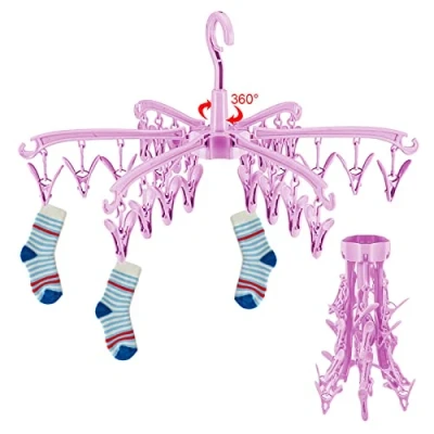 Image of GmeDhc 360 Rotable Sock Dryer, 24 Peg Hanger for Washing Line, Hanging Drying Racks, Folding Hangers with Clips Underwear Socks Lingerie Baby Clothes (pink)