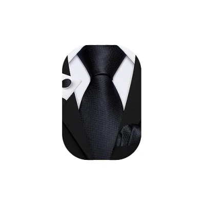 Image of Barry.Wang Black Men Ties Silk Necktie Handkerchief Cufflink Set Solid Color for Funeral