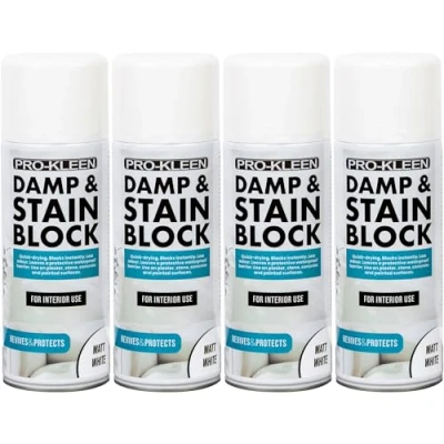 Image of Pro Kleen Damp &amp; Stain Block Spray Paint Primer White Matt 4 x 500ml Covers Damp, Mould, Grease, Nicotine Rust Stains for Walls Ceilings Leaves a Waterproof Barrier