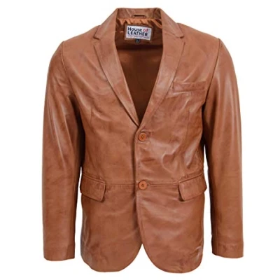 Image of Mens Real Leather Blazer Two Button Jacket Zavi (3XL, Tan)