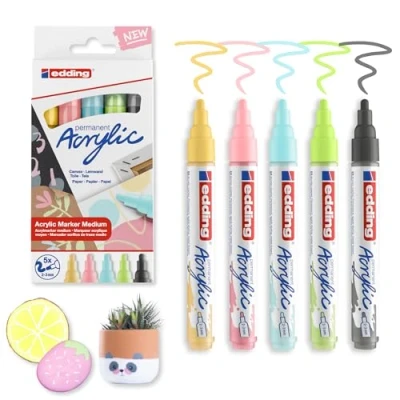 Image of edding 5100 acrylic marker yellow blue green rose grey paint markers 5 pack (pastel) round nib 2 3mm for pebbles, canvas and wood waterproof