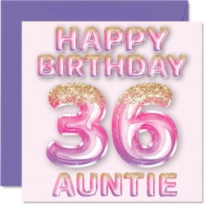 Image of 36th Birthday Card for Auntie Pink &amp; Purple Glitter Balloons Happy Cards 36 Year Old Aunt Aunty from Nephew Niece, 145mm x Bday Greeting Gift