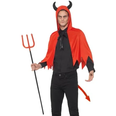 Image of Smiffys Devil Kit, with Horn Cape, Tail, Red &amp; Detachable Trident, 110cm/43in, Halloween Fancy Dress Accessory, Up Accessories