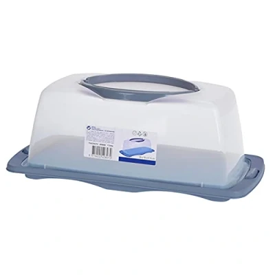 Image of Plastic Large Rectangular Cake Box Carrier with Lockable Lid Carry Handle Locking Fresh Storage Container Keeper Holder Portable Bread Loaf (Blue)