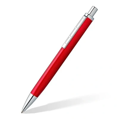 Image of STAEDTLER Triplus 444 M02 3 Retractable Ballpoint Pen M, Roaring Red, Premium Quality Metal Casing in Ergonomic Triangular Shape, Large Refill Blue Ink