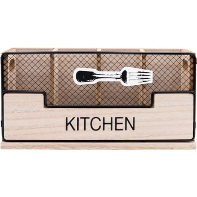 Image of Maison Des Cadeaux Vintage 4 Compartment Wooden Cutlery Holder Utensil Organiser Storage Caddy