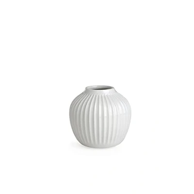 Image of Kähler Hammershoi Porcelain Vase with Grooves, Modern Vase, Round, Bulbous, Scandinavian Design for Flowers, White, 13 cm