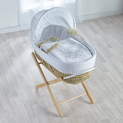 Image of ELEGANT BABY White Teddy Wash Day Palm Moses Basket with Natural Folding Stand, Adjustable Hood, Fibre Mattress &amp; Padded Liner