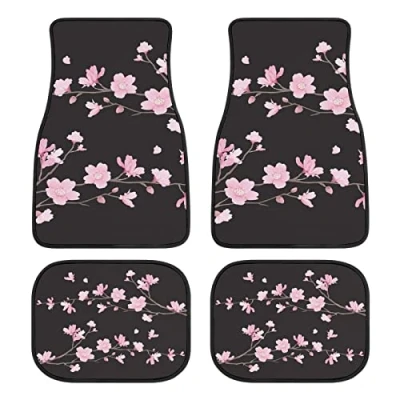 Image of Cherry Blossom Car Floor Mats Set of 4,Japanese Pink Flowers Print Vehicle Front Rear Carpets Floral Decor Rugs Non Slip Auto Accessories Universal Fit for SUV Van Truck