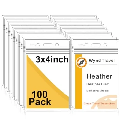 Image of Fushing Pack of 100 Clear Plastic Vertical Badge Holders, Name Tag Card Holders(L)