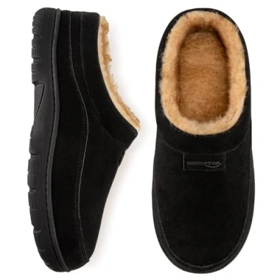 Image of HomeTop Men&#039;s Moccasin Slippers Soft Warm Non slip Memory Foam Indoor House Shoes with Fluffy Lining Black, 10 11 UK