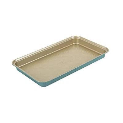 Image of Prestige x Nadiya Brownie Tin Non Stick Tray 33 18cm, Dishwasher Safe, Oven and Fridge/Freezer Steel Bakeware, Teal &amp; Gold, 13&quot; 7&quot;