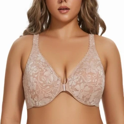 Image of MELENECA Women&#039;s Front Fastening Underwire Plus Size Racerback Non Padded Sexy Lace Bra Beige 38C