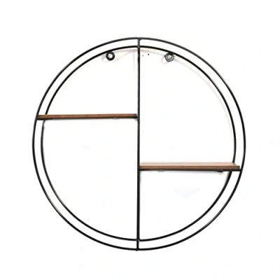 Image of HomeZone Modern Wooden Round Shaped 2 Tier Floating Shelves Wall Mounted Black Metal Shelf, Industrial Display Rack Hanging Shelf for Office, Kitchen, Bathroom, Bedroom, Living Room Decor