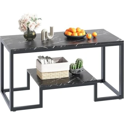 Image of Huhote 2 Tier Coffee Table, Center Tea Living Room Table with Black Metal Frame, for Bedroom Office, Modern Open Design, 39.4 x 18.9 20 IN, Marble
