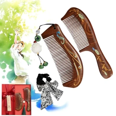 Image of Walnut Wood Hair Comb, Two Pack Wooden Wide Tooth Combs, Combs For Women, Comb Curly Hair, Anti Static (2pcs B)