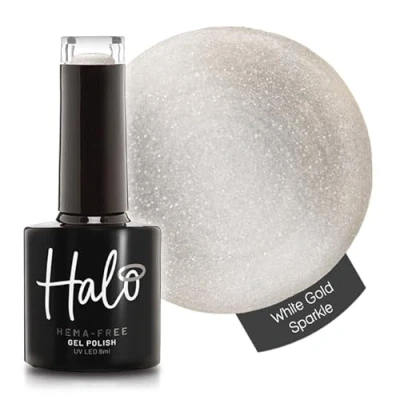 Image of Halo Gel Polish 8ml White Gold Sparkle. UV/LED Nail Polish, Long Lasting &amp; Easy To Apply. Soak Off Art Colours For Manicure Pedicure. Professional Home Use.