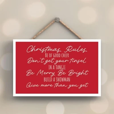 Image of Global Designs Christmas Rules Festive Humorous Typography Wooden Hanging Plaque