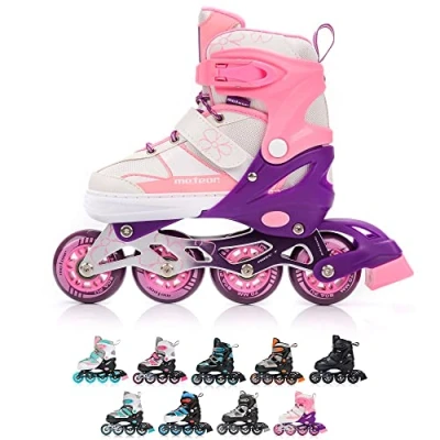 Image of meteor Inline Skates Children&#039;s Kids Inliners Roller Blades ABEC 7 Carbon Adjustable Shoe Size (Pink, S 30 33)