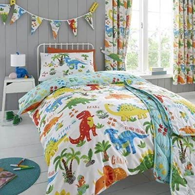 Image of Happy Linen Company Girls Boys Kids Cute Dinky Dinosaurs Toddler Cot Bed Reversible Duvet Cover Bedding Set