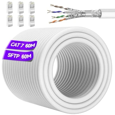 Image of Ethernet Cable 60m High Speed White, Cat 7 Internet Long Outdoor, Wlan 24AWG Network S/FTP Shielded Patch RJ45 Lan Gigabit Wifi Waterproof for Modem Router