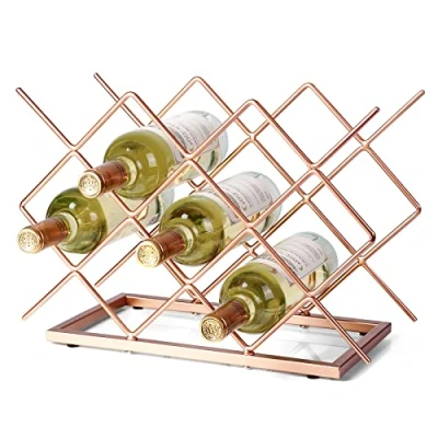 Image of Drincarier Countertop Wine Rack 10 Bottle Freestanding Modern Rose Gold Metal Small Tabletop Holder Stand for Cabinet, Pantry, Storage…