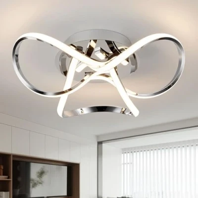 Image of AUROLITE AL1015D Contemporary LED Chrome Semi Flush Ceiling Light, 12W 2200LM, Dimmable, 3000K Warm White, Modern Swirl Design, Ideal for Lounge, Living Room and Bedroom