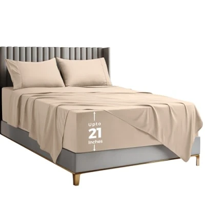 Image of Utopia Bedding Queen Sheet Set Soft Microfiber 4 Piece Luxury Bed Sheets with Deep Pockets Embroidered Pillow Cases Side Storage Pocket Fitted Flat (Beige)