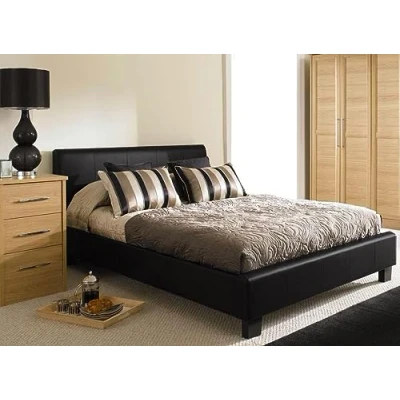 Image of Modernique Black Faux Leather Low End Bed Frame in 4ft6 Double Sized, High Headboard with Sprung Wooden Slatted Base