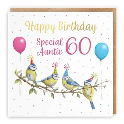 Image of Hunts England 60th Auntie Blue Tits Birthday Card Luxury Gold Foil Milo&#039;s Gallery Age 60 Wildlife Funny For Year Old Animal Fan Sixty